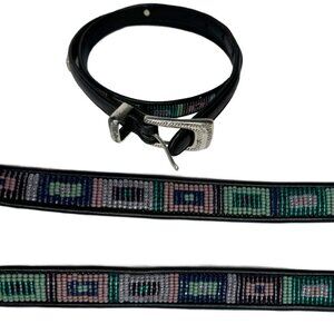 Brighton Sz M Women's Black Leather Colorful Beaded Skinny Belt Silver Buckle